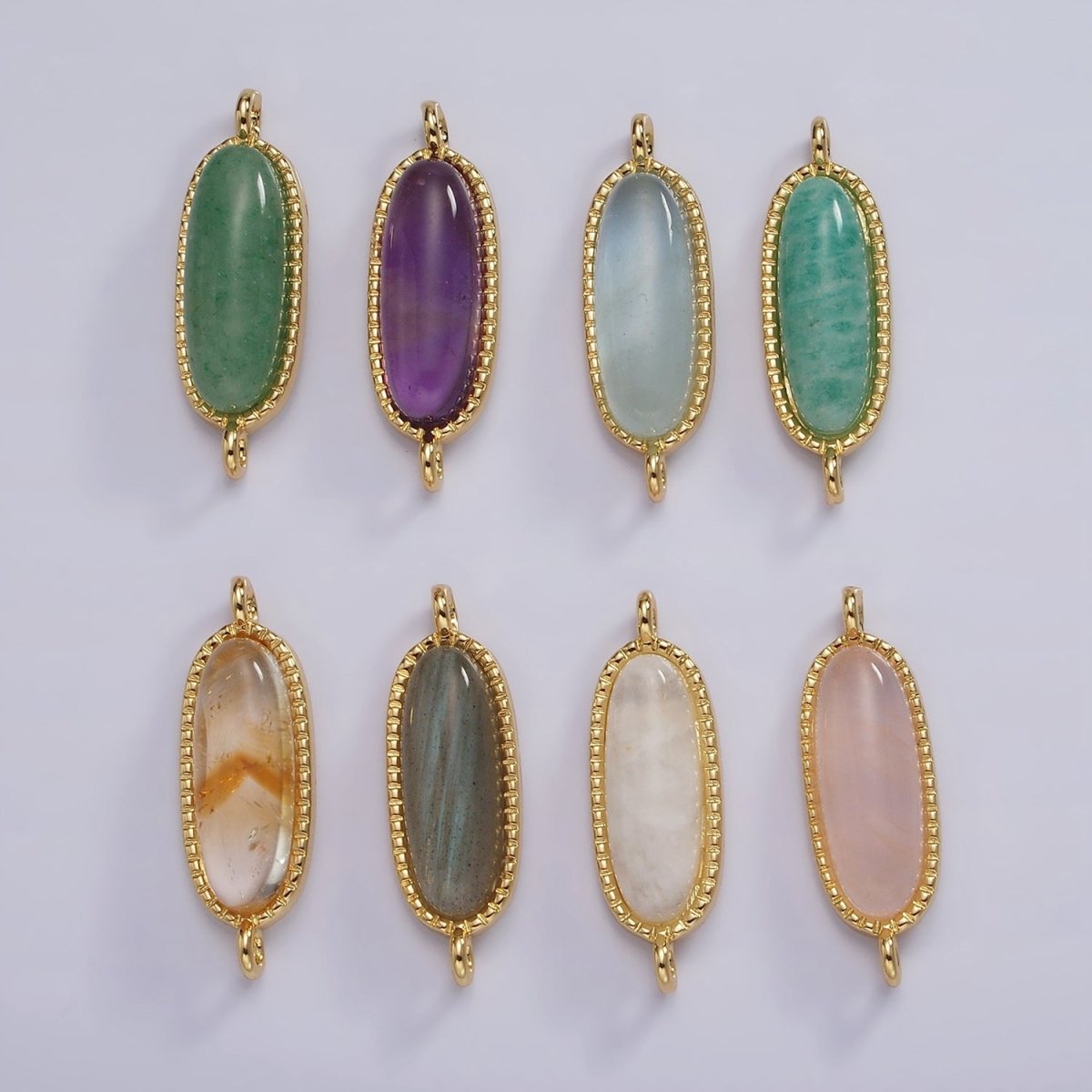 14K Gold plated 24mm Natural Gemstone Dotted Bezel Oblong Connector | G238 - G243 - DLUXCA
