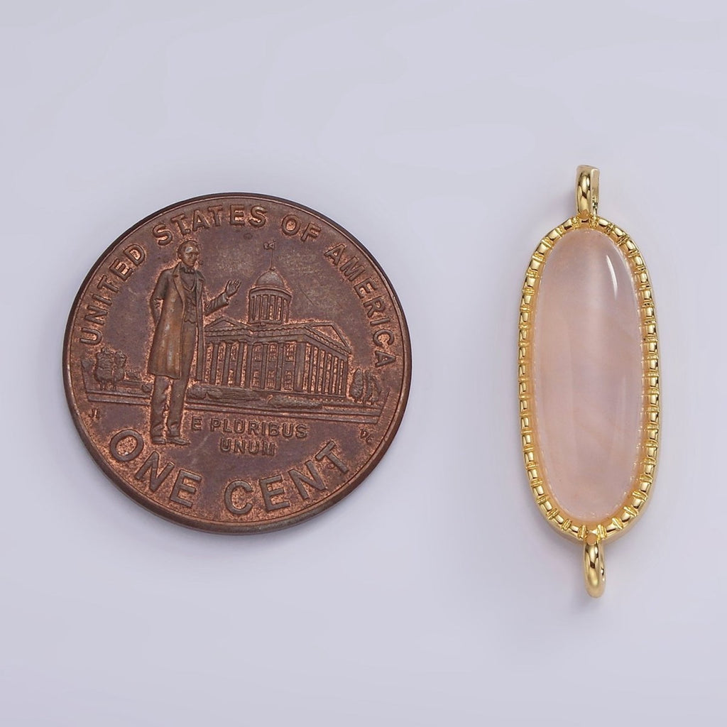 14K Gold plated 24mm Natural Gemstone Dotted Bezel Oblong Connector | G238 - G243 - DLUXCA