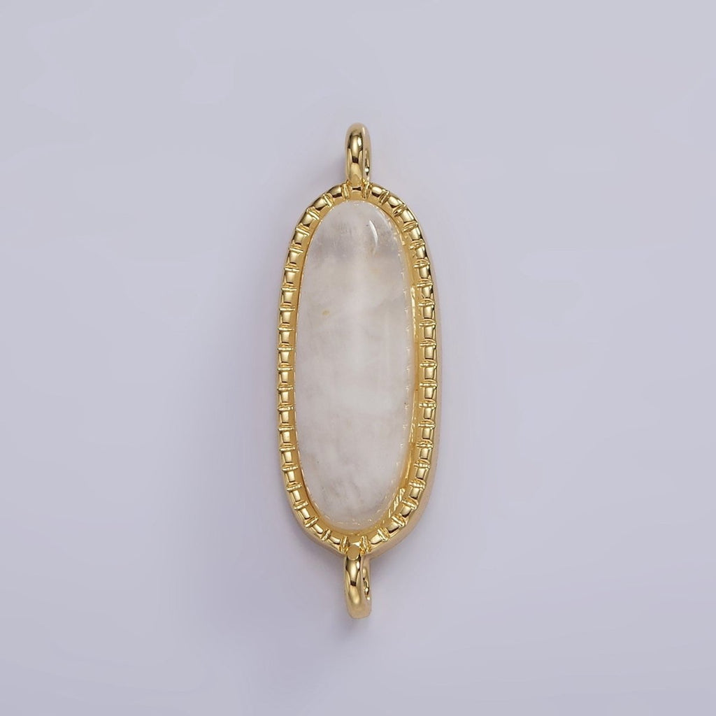 14K Gold plated 24mm Natural Gemstone Dotted Bezel Oblong Connector | G238 - G243 - DLUXCA