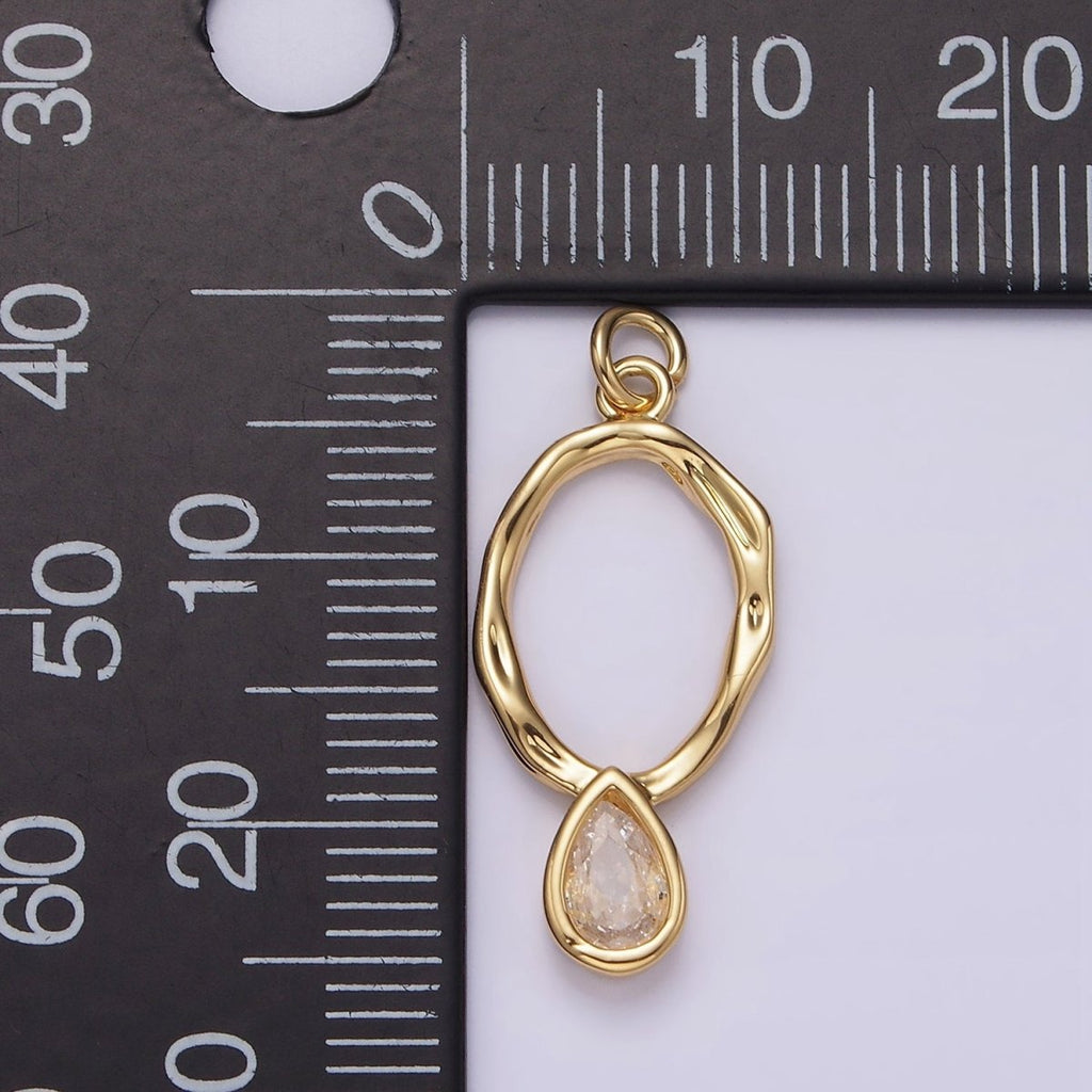 14K Gold plated 25.5mm Open Dented Oblong Clear Teardrop CZ Drop Charm | AG280 - DLUXCA