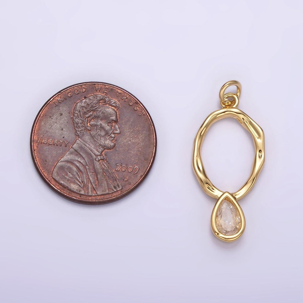 14K Gold plated 25.5mm Open Dented Oblong Clear Teardrop CZ Drop Charm | AG280 - DLUXCA