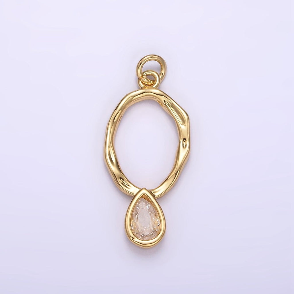 14K Gold plated 25.5mm Open Dented Oblong Clear Teardrop CZ Drop Charm | AG280 - DLUXCA