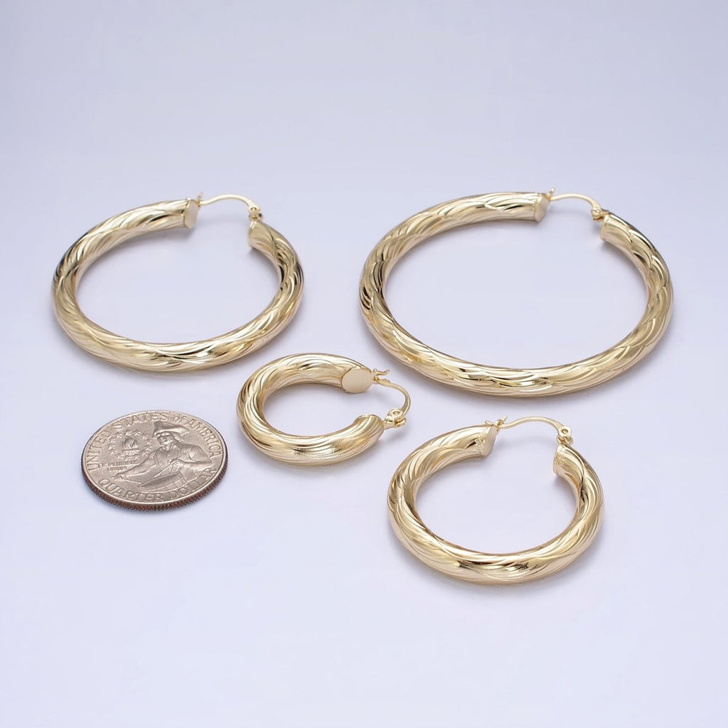 14K Gold plated 25mm, 35mm, 45mm, 55mm Curved Line-Textured Twisted French Lock Latch Earrings | AE017 - AE020