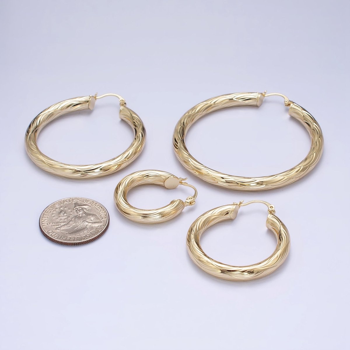 14K Gold plated 25mm, 35mm, 45mm, 55mm Curved Line-Textured Twisted French Lock Latch Earrings | AE017 - AE020