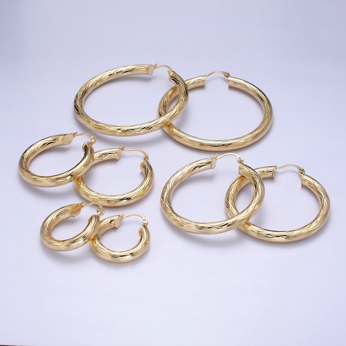 14K Gold plated 25mm, 35mm, 45mm, 55mm Curved Line-Textured Twisted French Lock Latch Earrings | AE017 - AE020