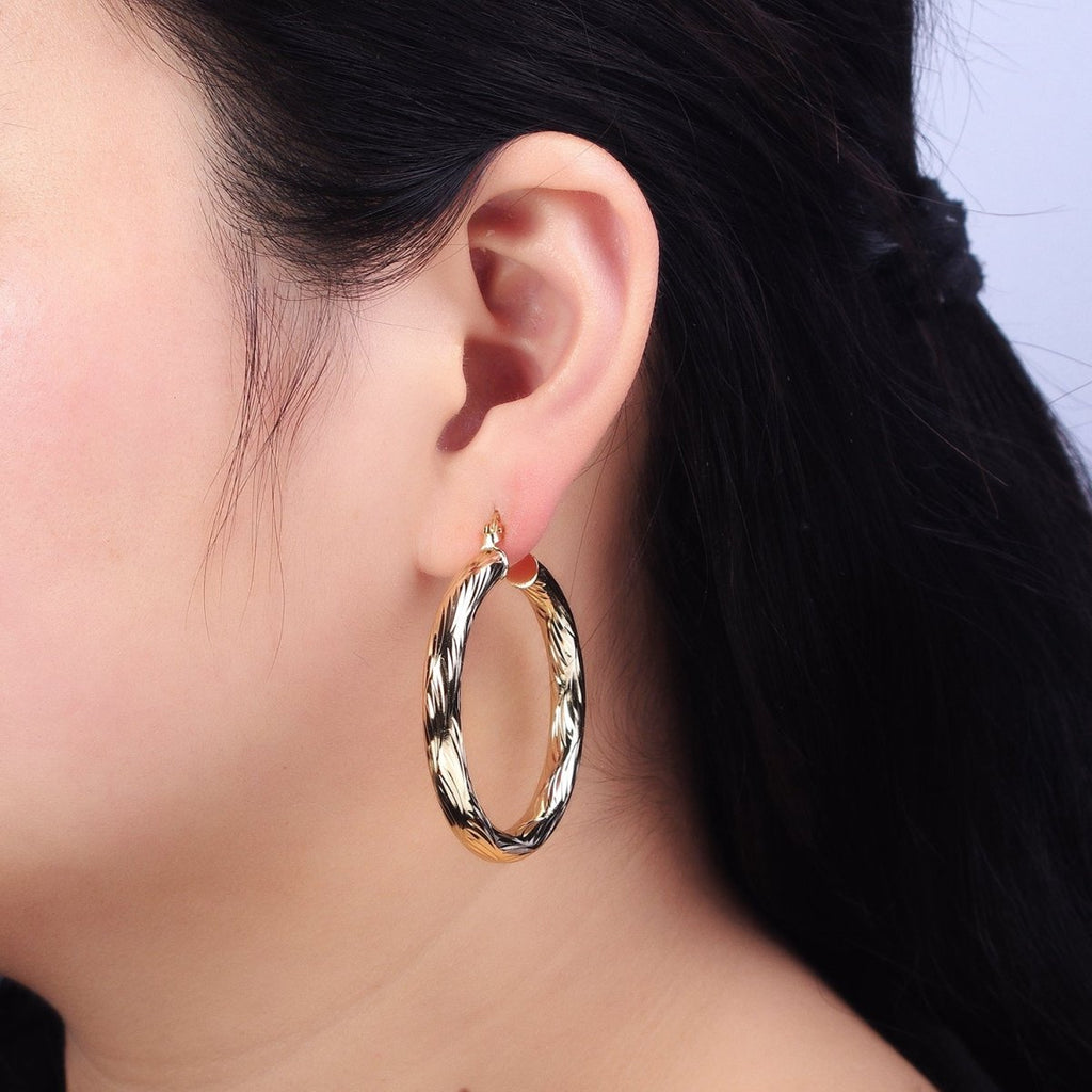 14K Gold plated 25mm, 35mm, 45mm, 55mm Curved Line-Textured Twisted French Lock Latch Earrings | AE017 - AE020