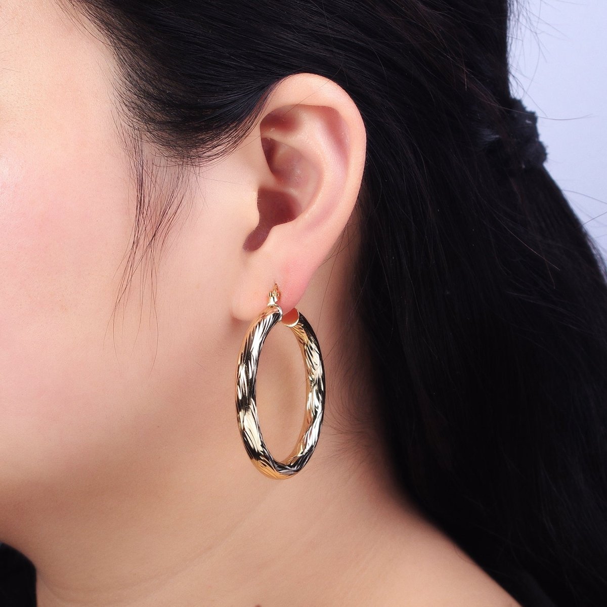 14K Gold plated 25mm, 35mm, 45mm, 55mm Curved Line-Textured Twisted French Lock Latch Earrings | AE017 - AE020