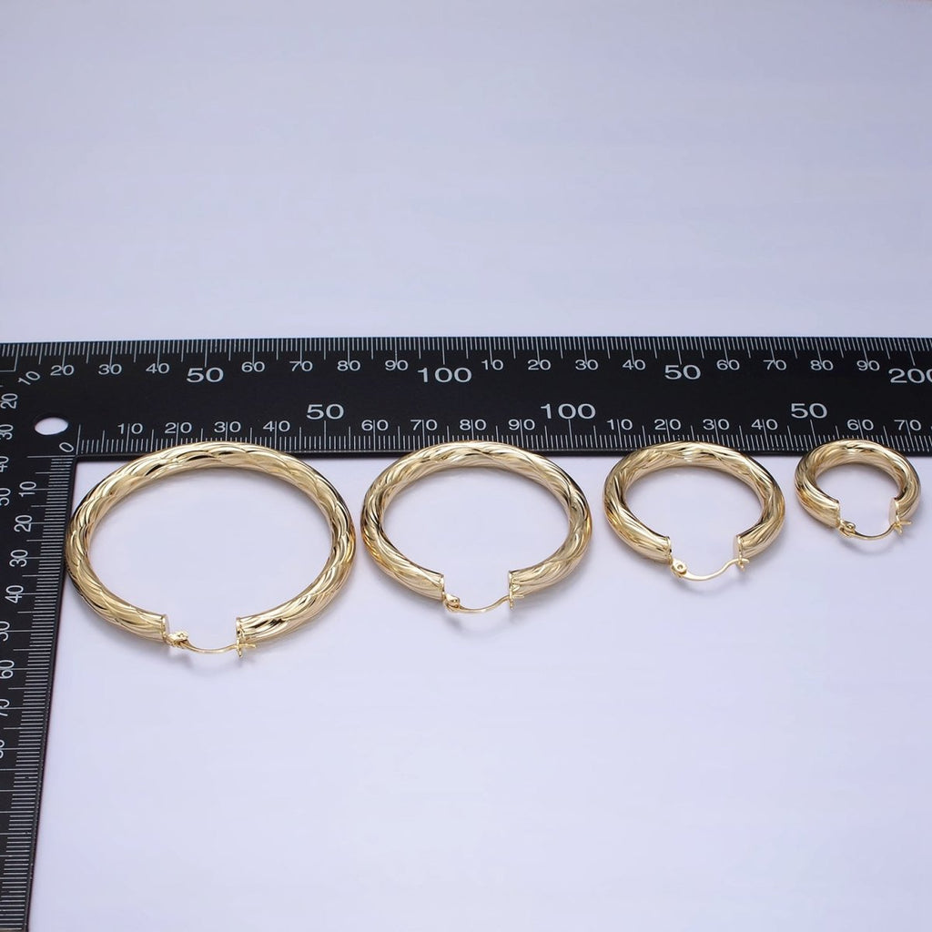 14K Gold plated 25mm, 35mm, 45mm, 55mm Curved Line-Textured Twisted French Lock Latch Earrings | AE017 - AE020