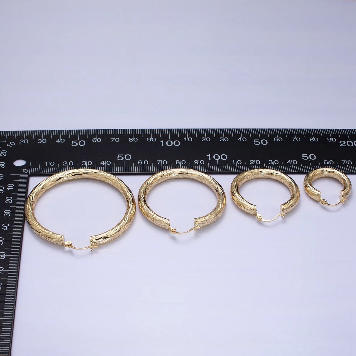 14K Gold plated 25mm, 35mm, 45mm, 55mm Curved Line-Textured Twisted French Lock Latch Earrings | AE017 - AE020