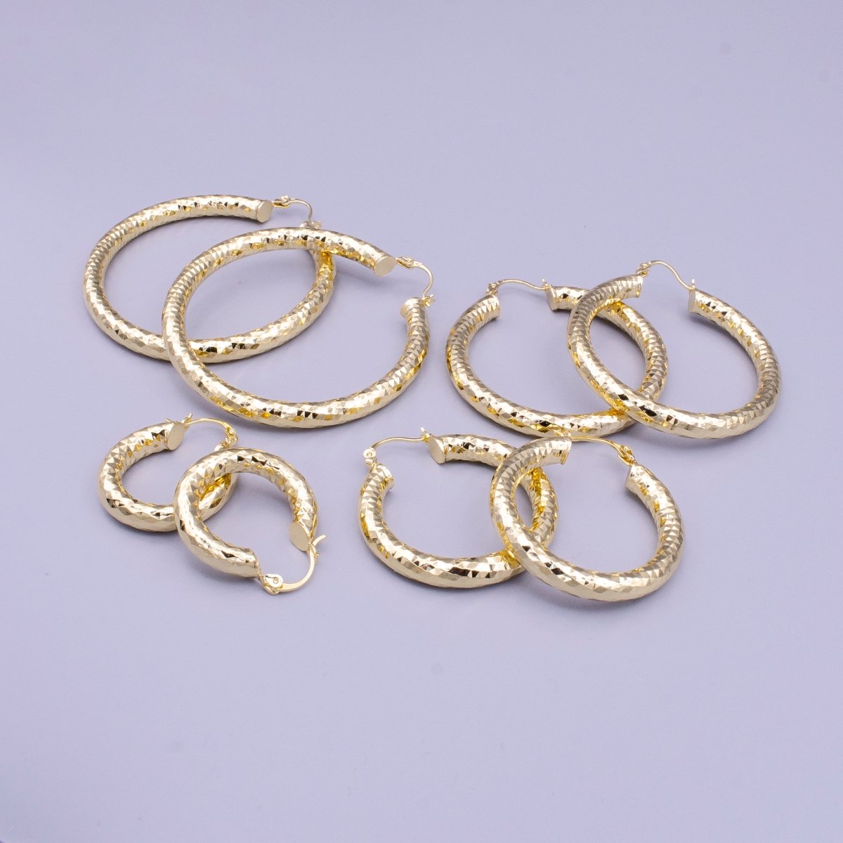 14K Gold plated 25mm, 35mm, 45mm, 55mm Triangle Multifaceted French Lock Latch Earrings | AE059 - AE062