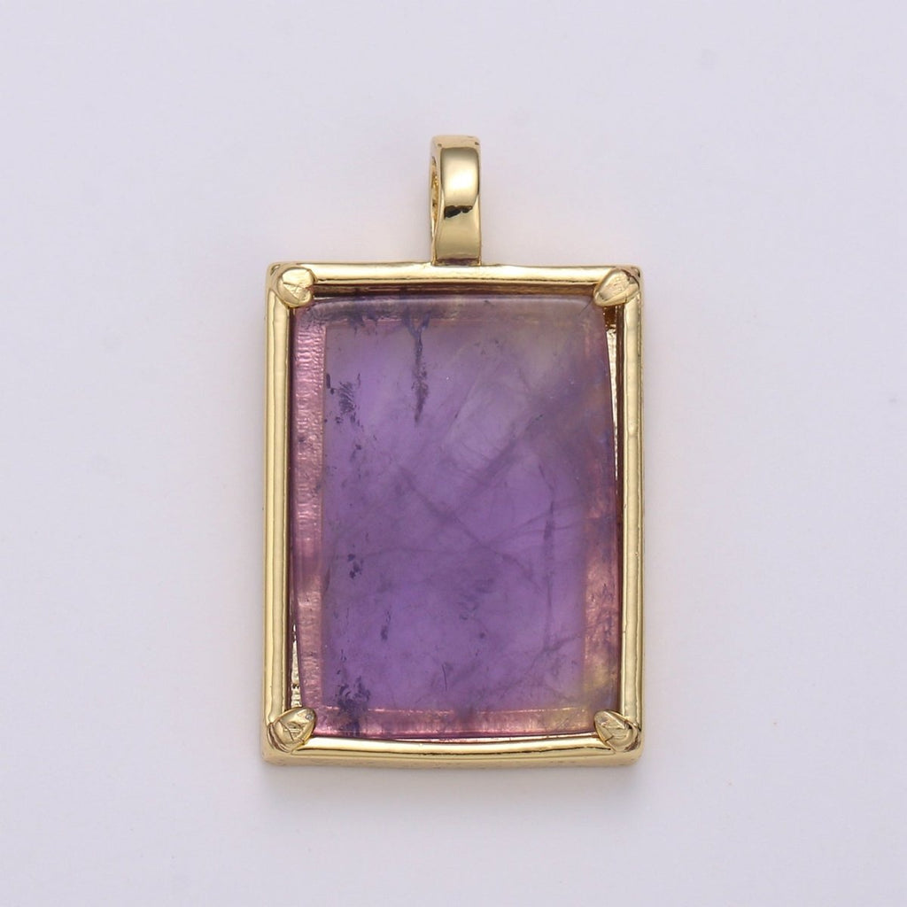 14K Gold plated 25mm Amethyst, Aquamarine, Onyx, Rose Quartz, Lapis Lazuli, Tiger Eye Gemstone Rectangle Bezel Pendant | I785 - I790 - DLUXCA