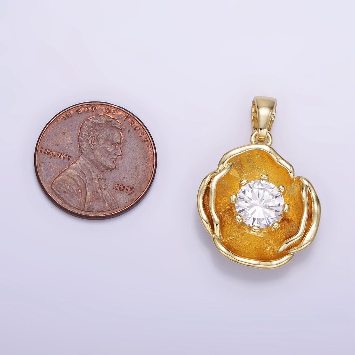 14K Gold plated 25mm Clear CZ Hammered Dome Petal Flower Pendant | AH154 - DLUXCA