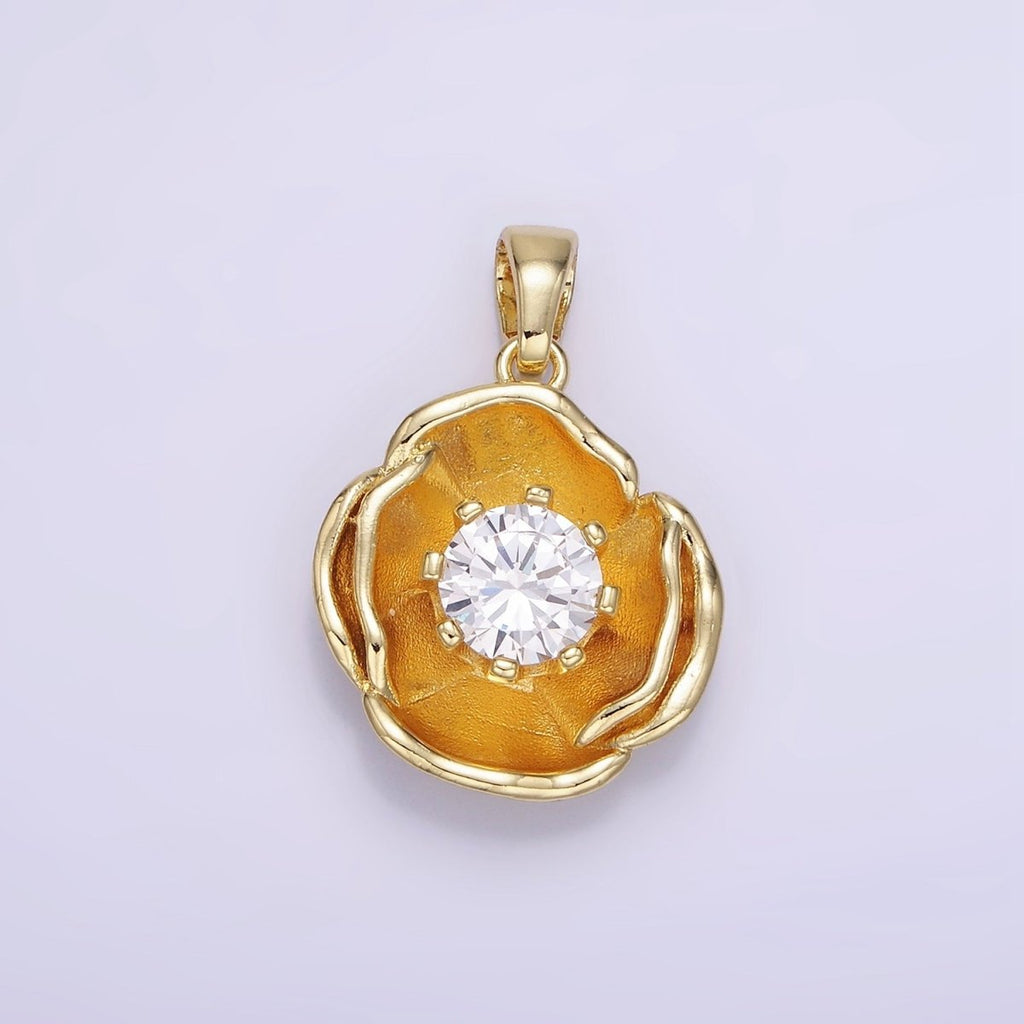 14K Gold plated 25mm Clear CZ Hammered Dome Petal Flower Pendant | AH154 - DLUXCA