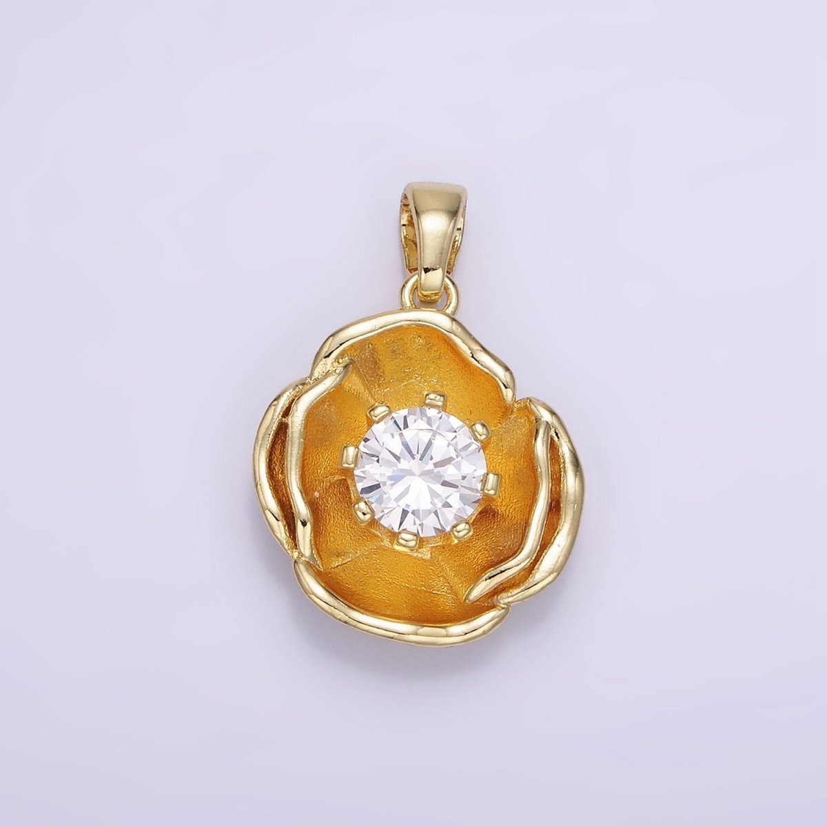 14K Gold plated 25mm Clear CZ Hammered Dome Petal Flower Pendant | AH154 - DLUXCA