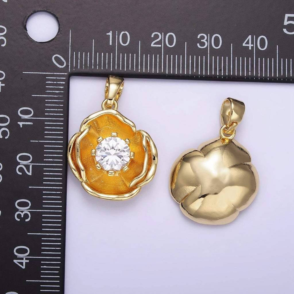 14K Gold plated 25mm Clear CZ Hammered Dome Petal Flower Pendant | AH154 - DLUXCA