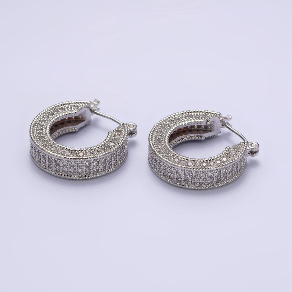 14K Gold plated 25mm Clear CZ Lined Wide Hoop Latch Earrings in Gold & Silver | AE552 AE553 - DLUXCA