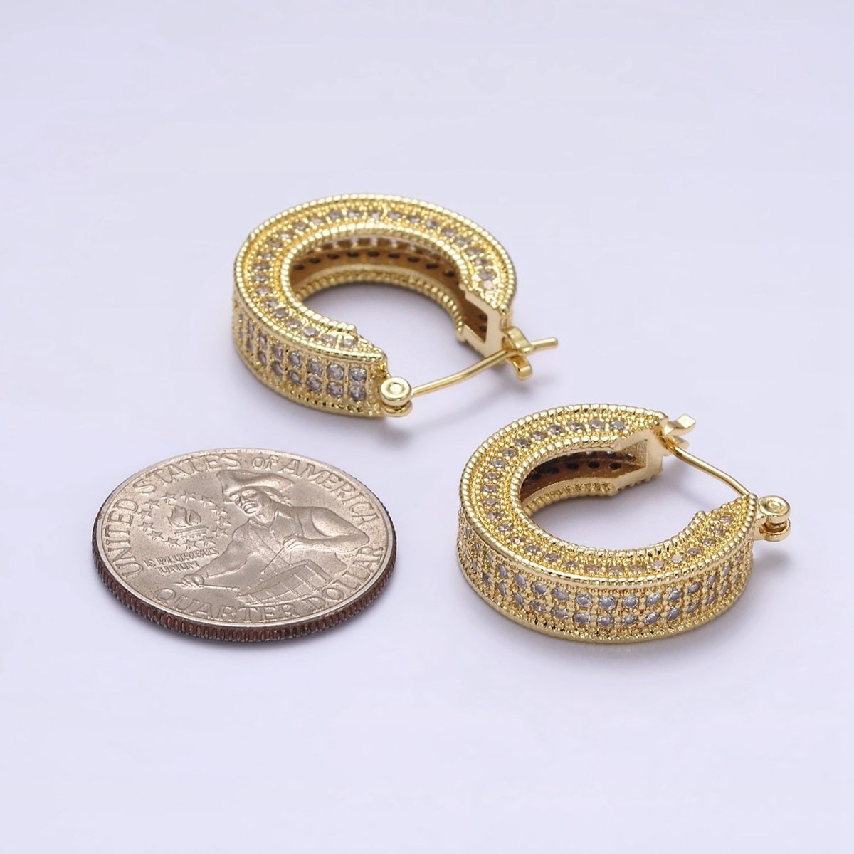 14K Gold plated 25mm Clear CZ Lined Wide Hoop Latch Earrings in Gold & Silver | AE552 AE553 - DLUXCA