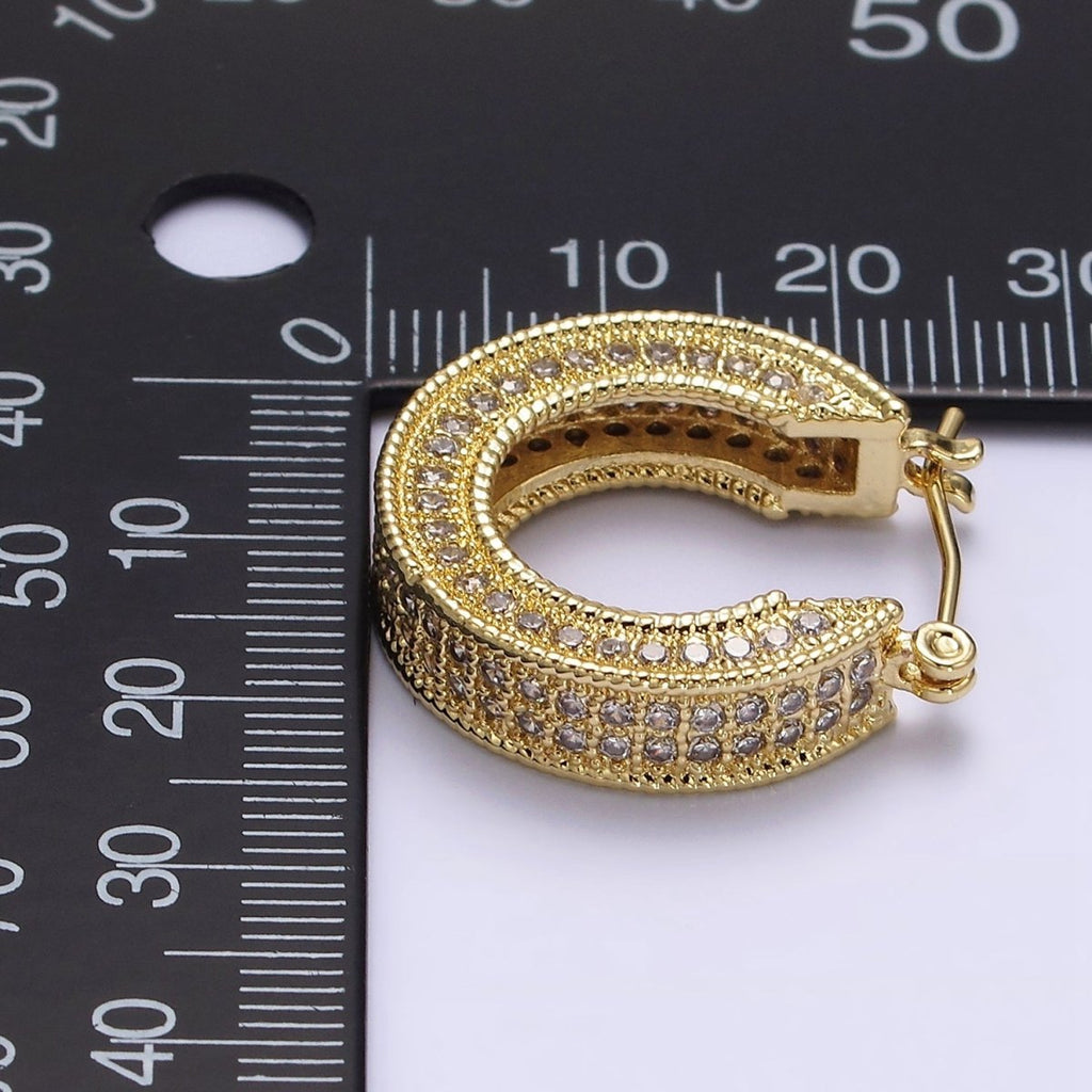 14K Gold plated 25mm Clear CZ Lined Wide Hoop Latch Earrings in Gold & Silver | AE552 AE553 - DLUXCA