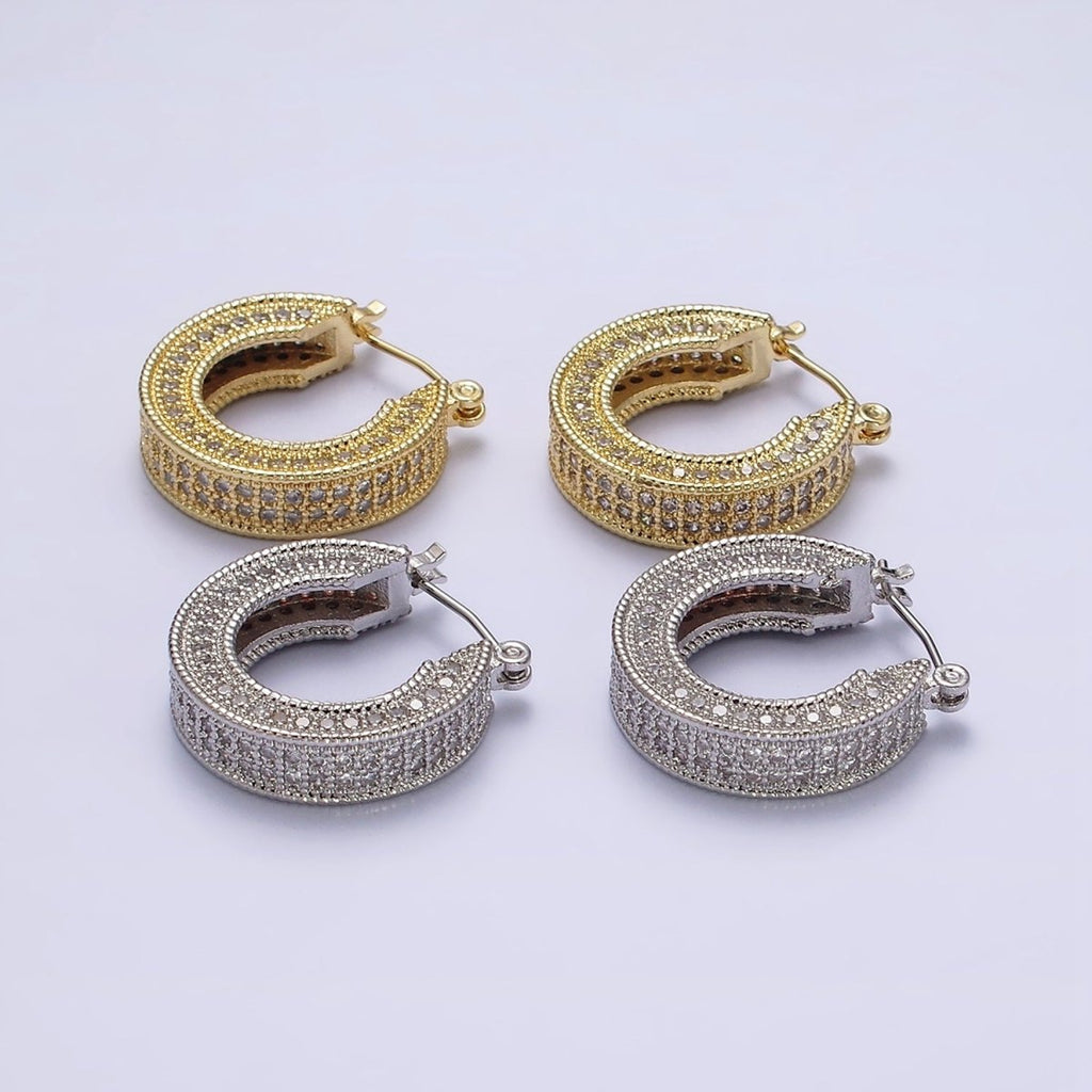 14K Gold plated 25mm Clear CZ Lined Wide Hoop Latch Earrings in Gold & Silver | AE552 AE553 - DLUXCA