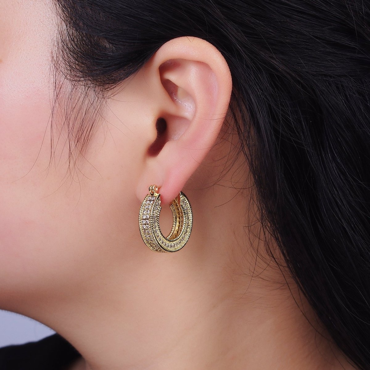 14K Gold plated 25mm Clear CZ Lined Wide Hoop Latch Earrings in Gold & Silver | AE552 AE553 - DLUXCA