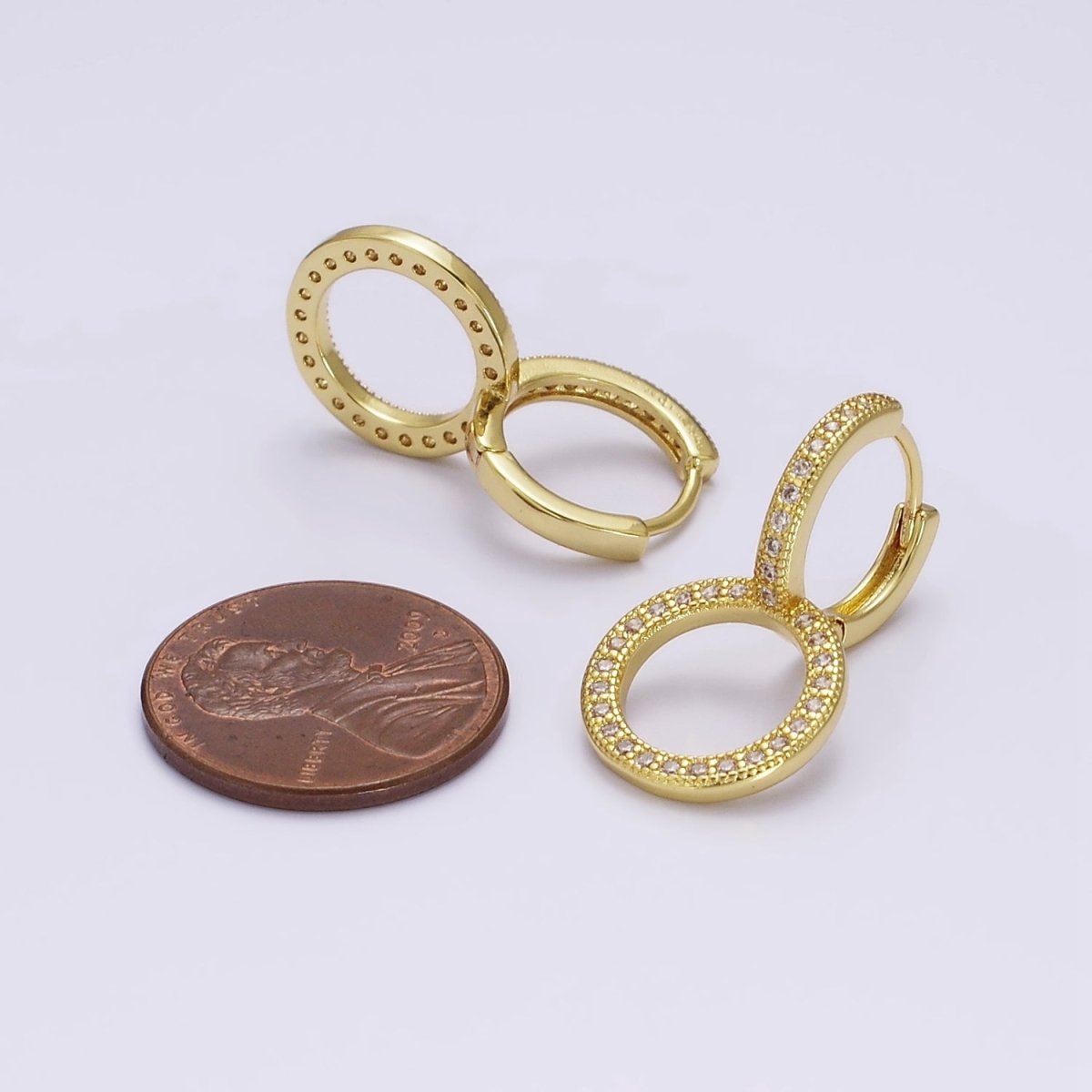 14K Gold plated 25mm Clear Micro Paved CZ Double Circle Drop Huggie Earrings | AE769 - DLUXCA