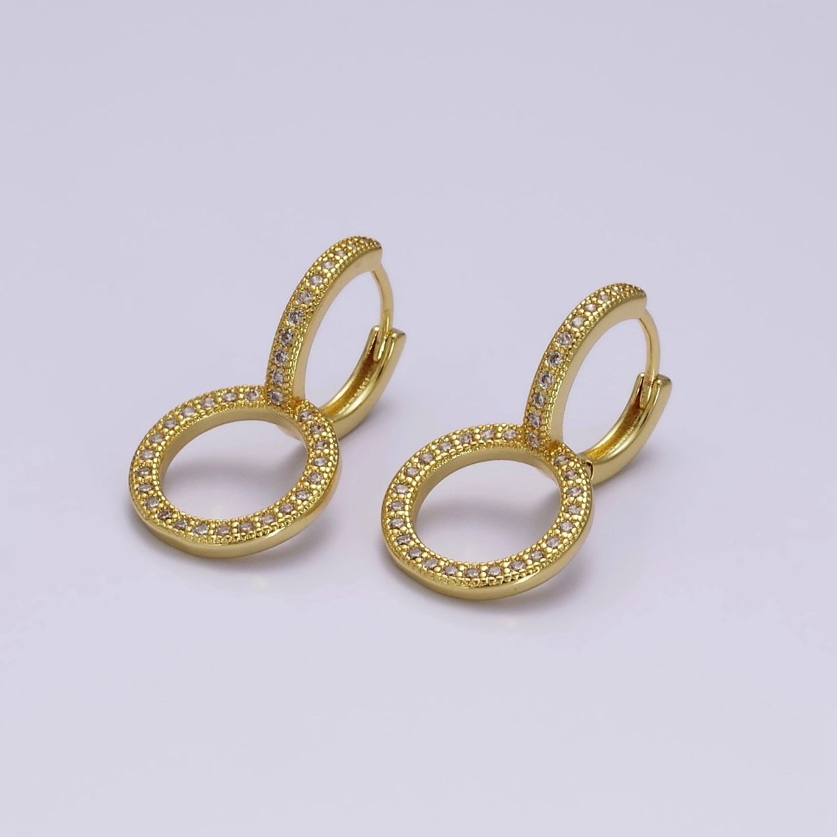 14K Gold plated 25mm Clear Micro Paved CZ Double Circle Drop Huggie Earrings | AE769 - DLUXCA