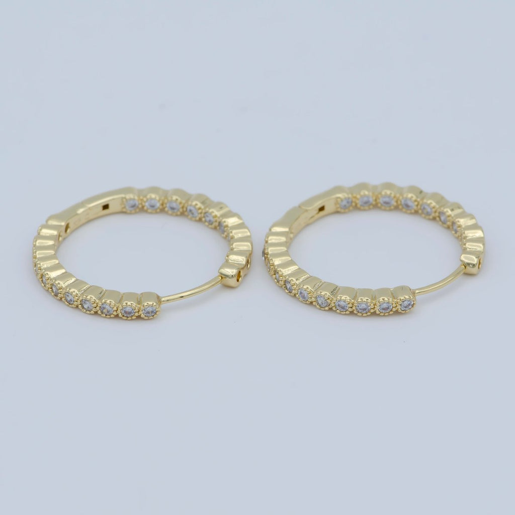 14K Gold plated 25mm Clear Round CZ Lined Hoop Earrings | AB1197 - DLUXCA
