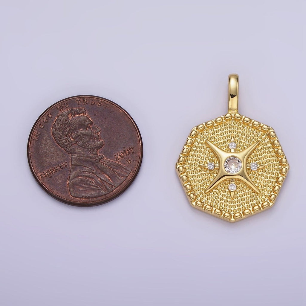 14K Gold plated 25mm Compass CZ Dotted Hexagonal Pendant in Gold & Silver | AA1151
