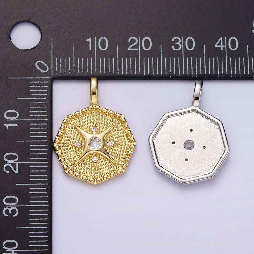 14K Gold plated 25mm Compass CZ Dotted Hexagonal Pendant in Gold & Silver | AA1151
