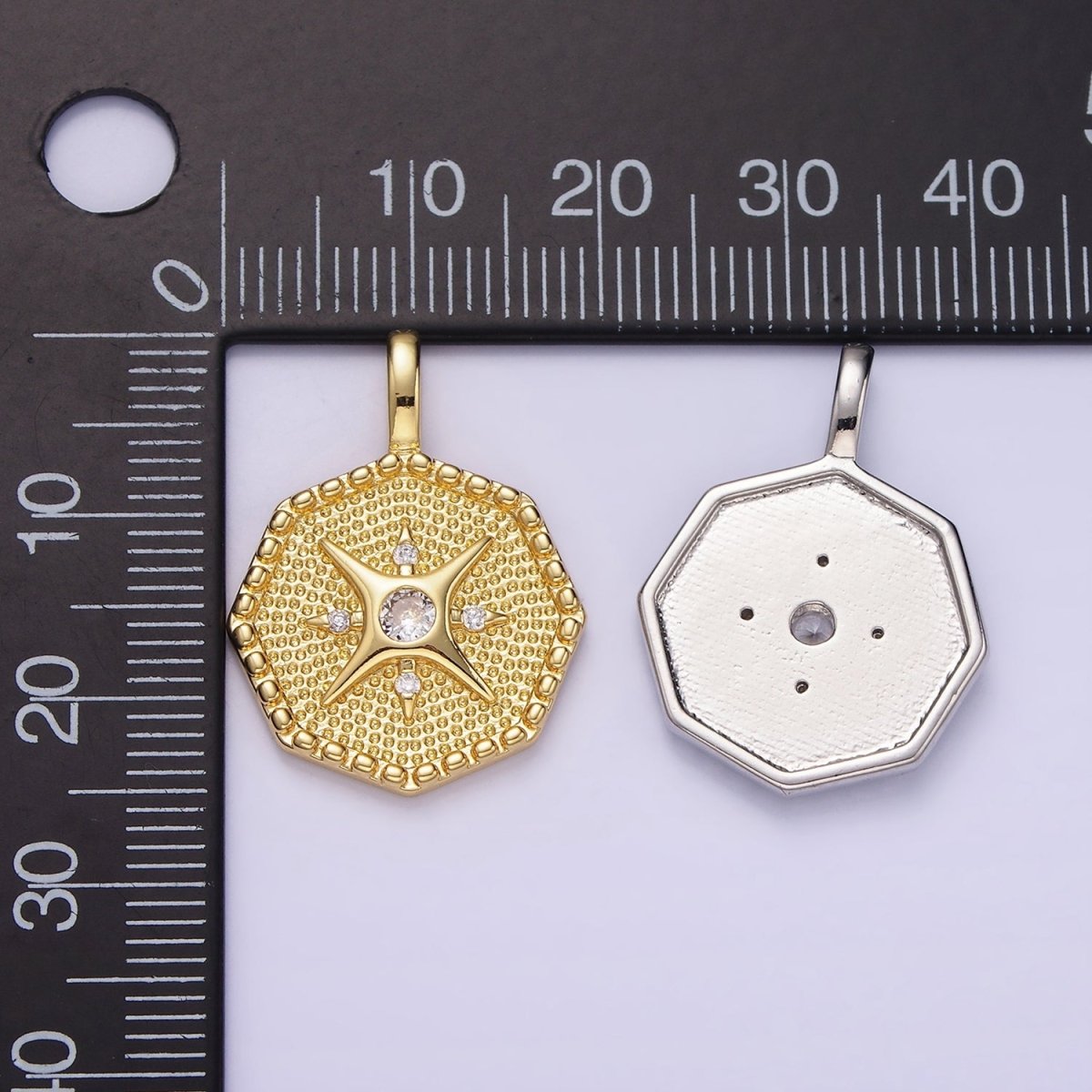 14K Gold plated 25mm Compass CZ Dotted Hexagonal Pendant in Gold & Silver | AA1151