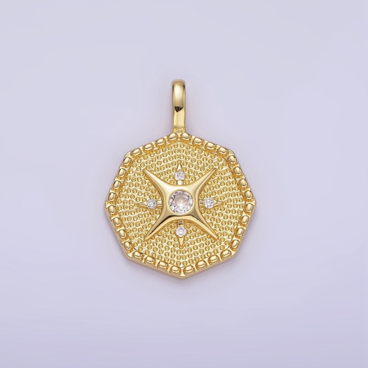 14K Gold plated 25mm Compass CZ Dotted Hexagonal Pendant in Gold & Silver | AA1151