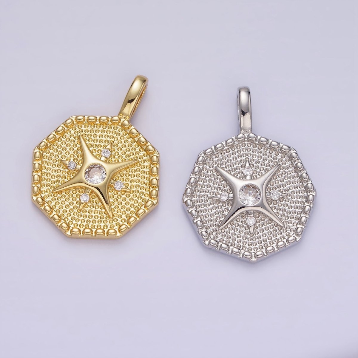14K Gold plated 25mm Compass CZ Dotted Hexagonal Pendant in Gold & Silver | AA1151