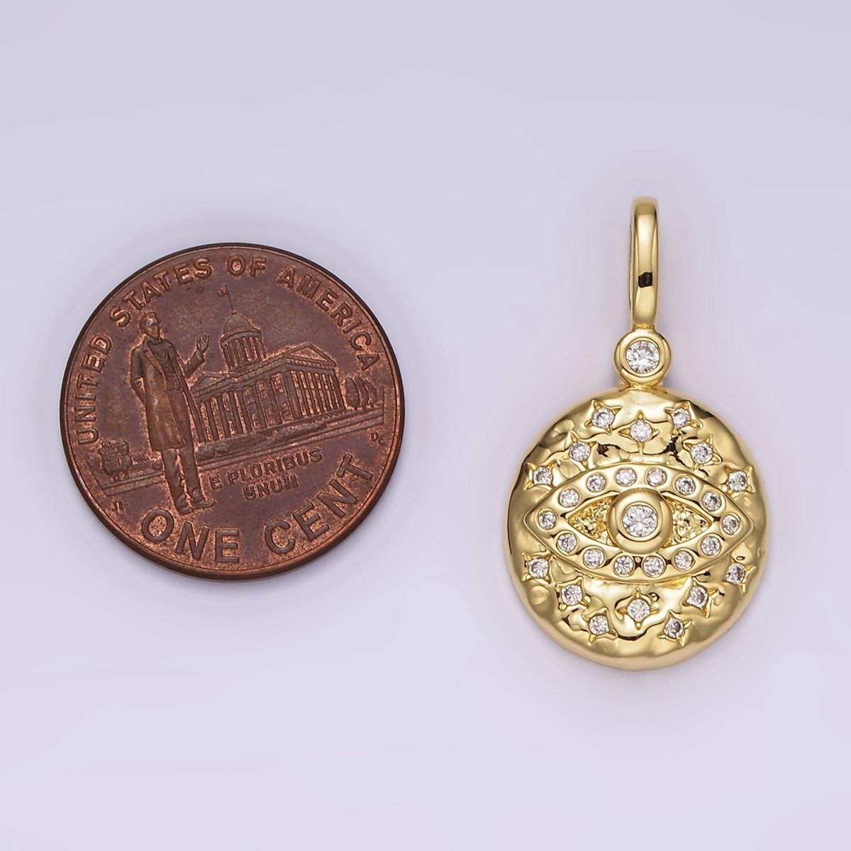 14K Gold plated 25mm Evil Eye Celestial Star Hammered Round Drop CZ Pendant | AH129 - DLUXCA