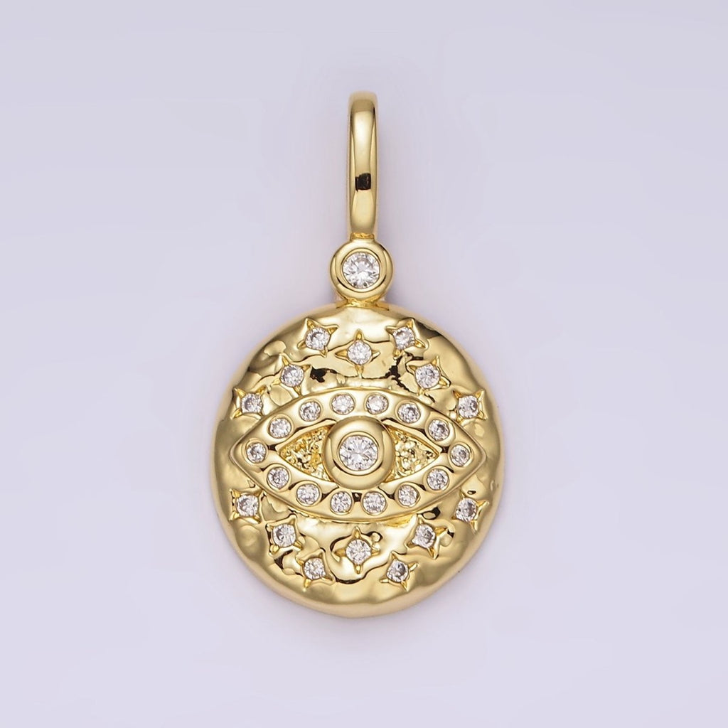 14K Gold plated 25mm Evil Eye Celestial Star Hammered Round Drop CZ Pendant | AH129 - DLUXCA