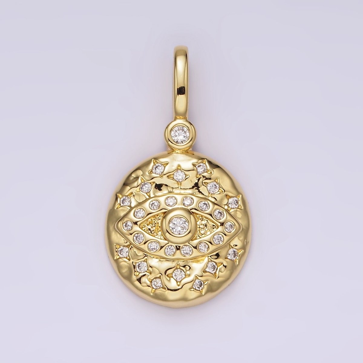 14K Gold plated 25mm Evil Eye Celestial Star Hammered Round Drop CZ Pendant | AH129 - DLUXCA
