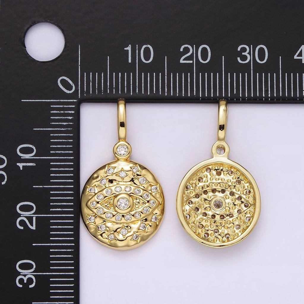 14K Gold plated 25mm Evil Eye Celestial Star Hammered Round Drop CZ Pendant | AH129 - DLUXCA