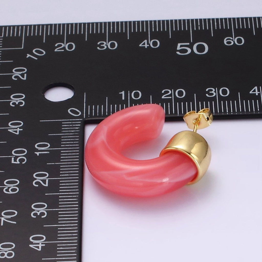 14K Gold plated 25mm Orange & White C-Shaped Resin Hoop Earrings | AE186-187