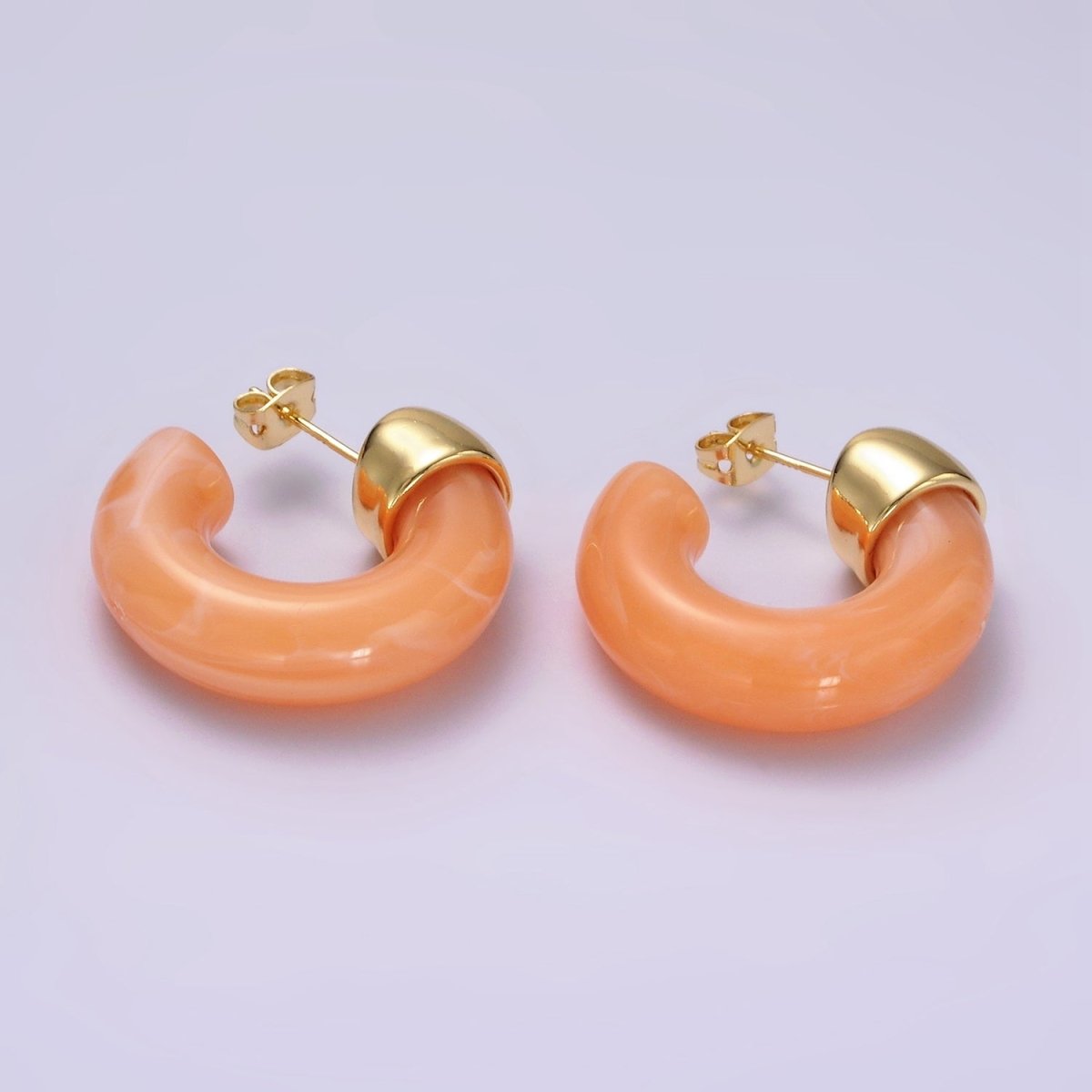 14K Gold plated 25mm Orange & White C-Shaped Resin Hoop Earrings | AE186-187