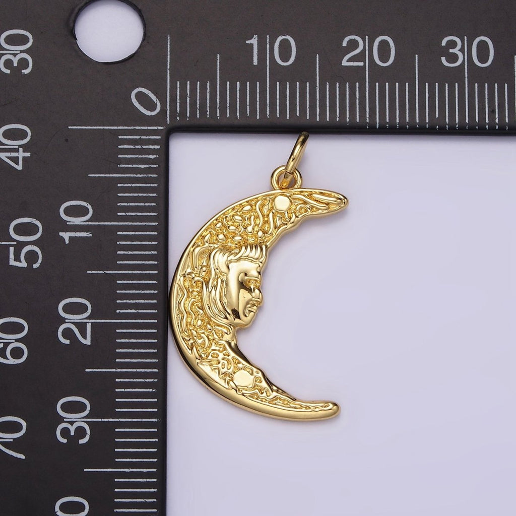 14K Gold plated 25mm Hammered Celestial Crescent Moon Face Charm | N1535 - DLUXCA