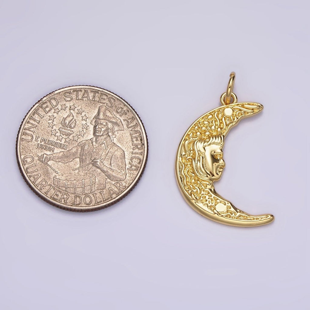 14K Gold plated 25mm Hammered Celestial Crescent Moon Face Charm | N1535 - DLUXCA