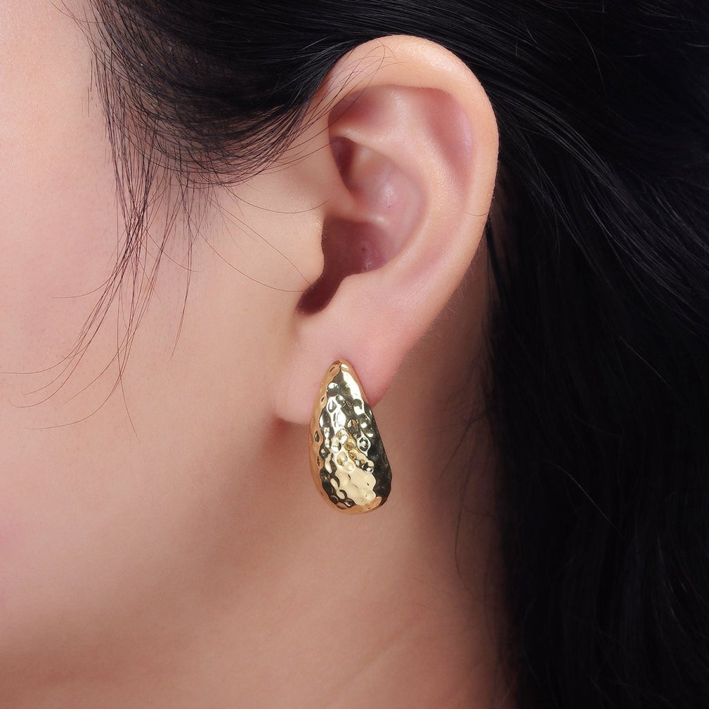 14K Gold plated 25mm Hammered Teardrop Dome Modern Statement Stud Kylie Earrings | AE171 - DLUXCA