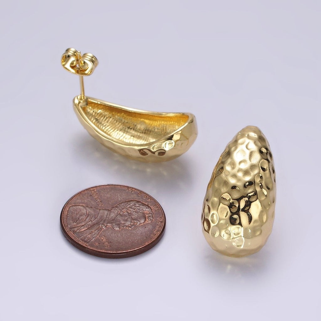 14K Gold plated 25mm Hammered Teardrop Dome Modern Statement Stud Kylie Earrings | AE171 - DLUXCA