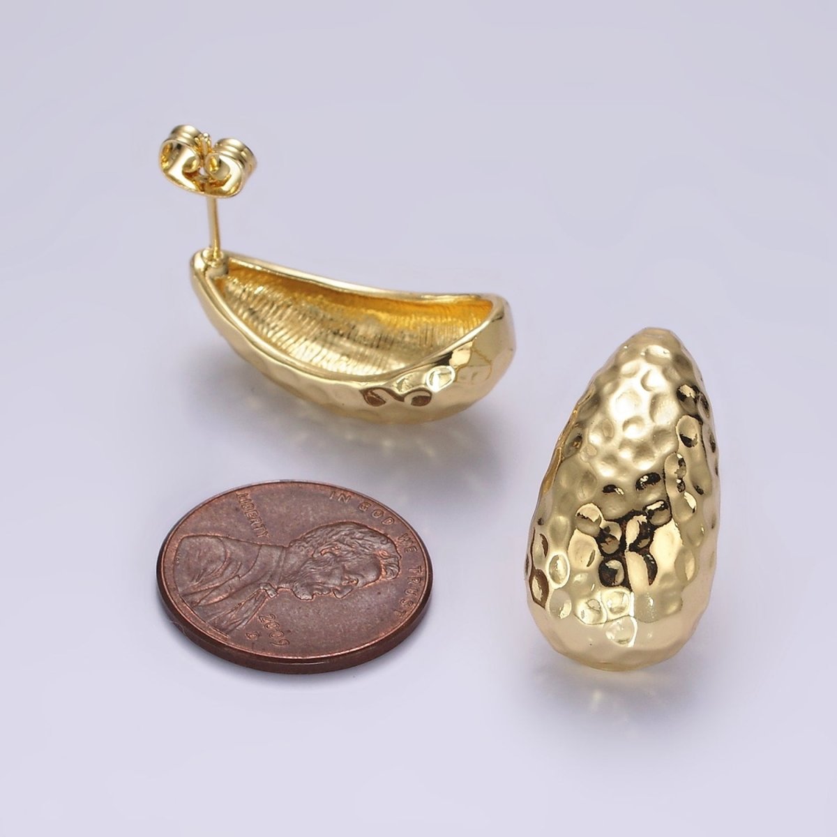 14K Gold plated 25mm Hammered Teardrop Dome Modern Statement Stud Kylie Earrings | AE171 - DLUXCA