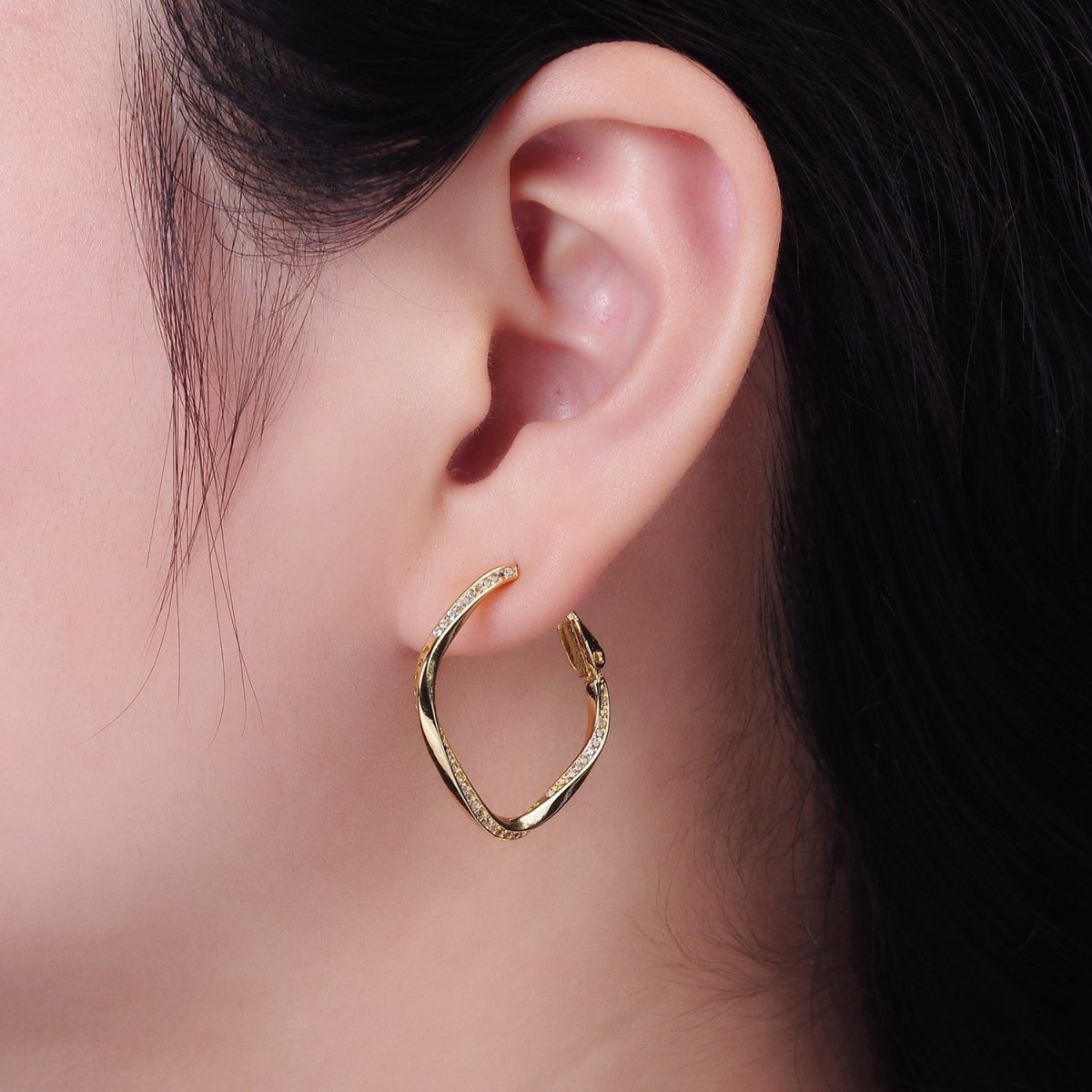 14K Gold plated 25mm Micro Paved CZ Edged Rhombus Hinge Hoop Earrings | AE376 - DLUXCA