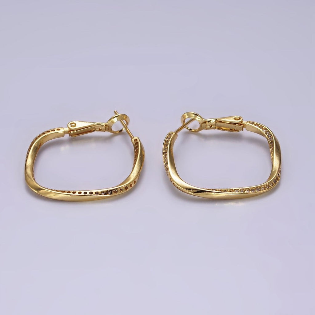 14K Gold plated 25mm Micro Paved CZ Edged Rhombus Hinge Hoop Earrings | AE376 - DLUXCA