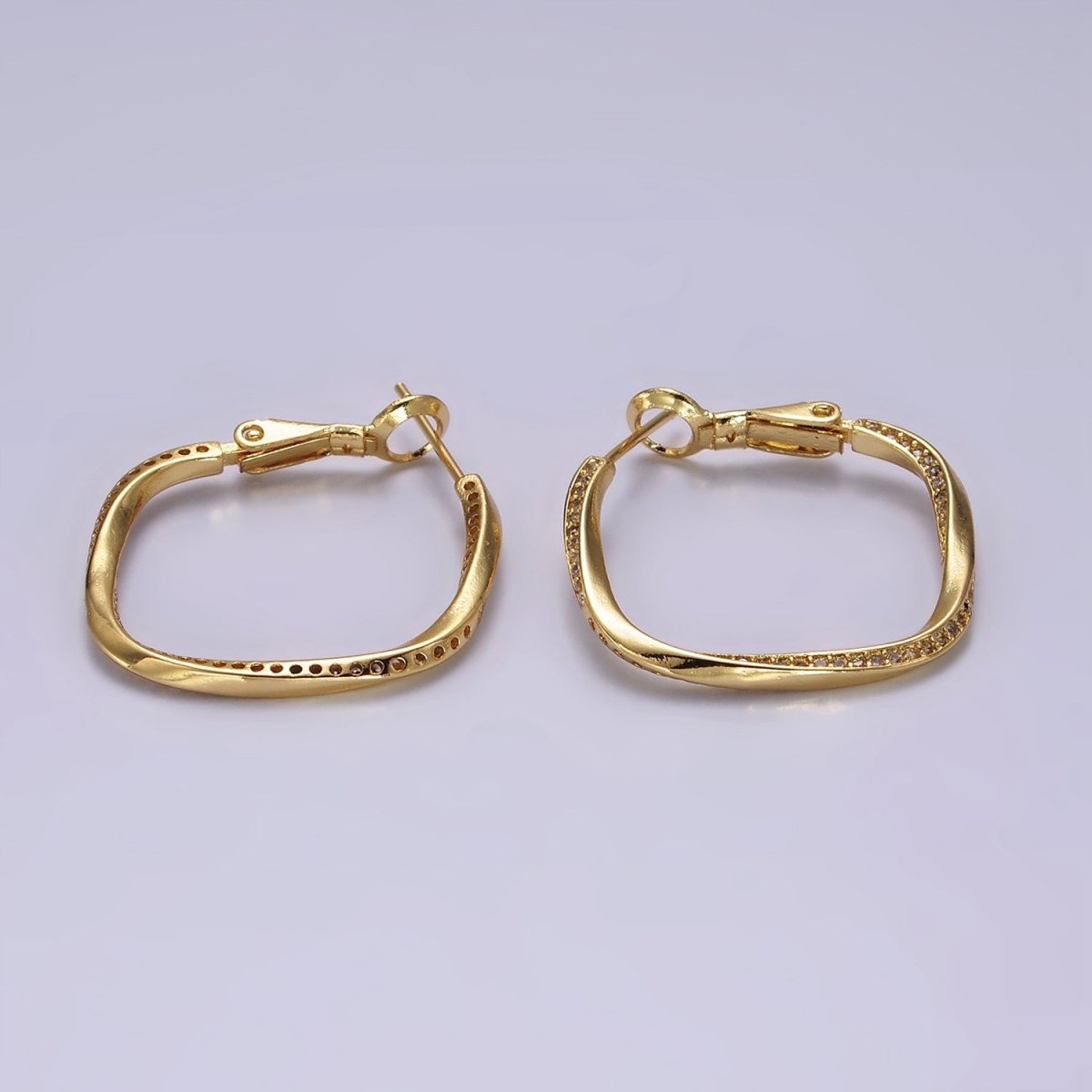 14K Gold plated 25mm Micro Paved CZ Edged Rhombus Hinge Hoop Earrings | AE376 - DLUXCA