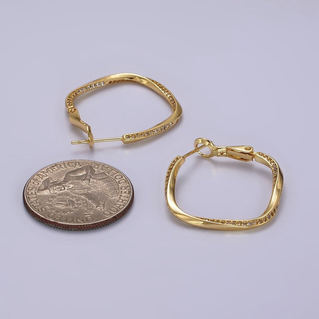 14K Gold plated 25mm Micro Paved CZ Edged Rhombus Hinge Hoop Earrings | AE376 - DLUXCA
