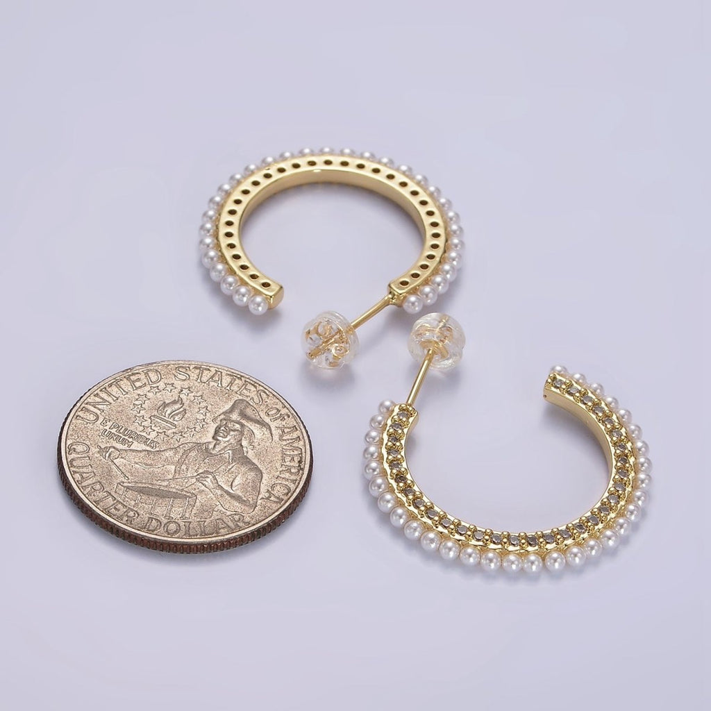 14K Gold plated 25mm Micro Paved CZ Pearl Dotted C-Shaped Hoop Earrings | AE978 - DLUXCA