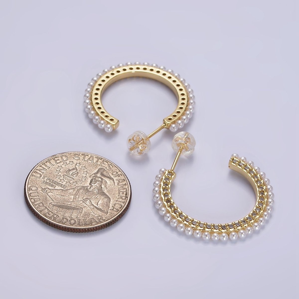 14K Gold plated 25mm Micro Paved CZ Pearl Dotted C-Shaped Hoop Earrings | AE978 - DLUXCA