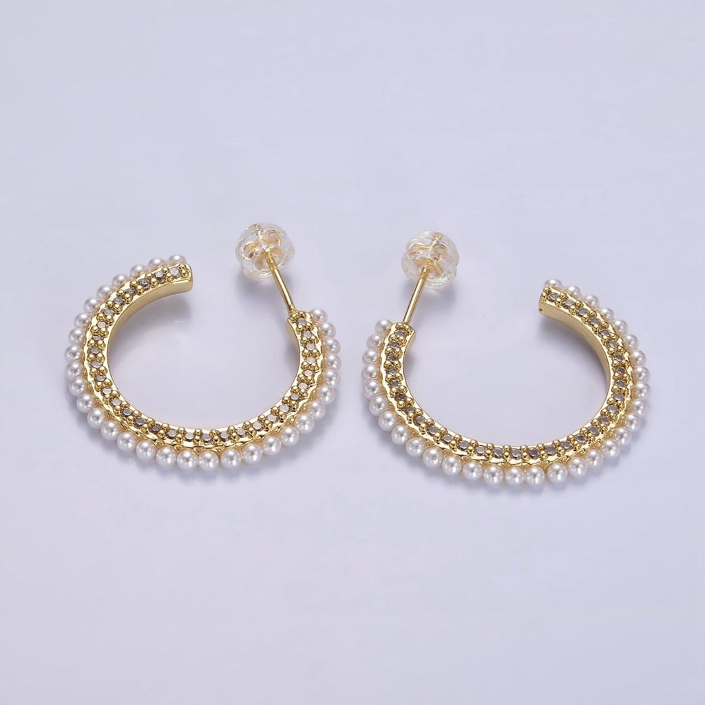 14K Gold plated 25mm Micro Paved CZ Pearl Dotted C-Shaped Hoop Earrings | AE978 - DLUXCA